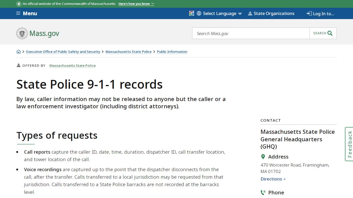 State Police 9-1-1 records | Mass.gov