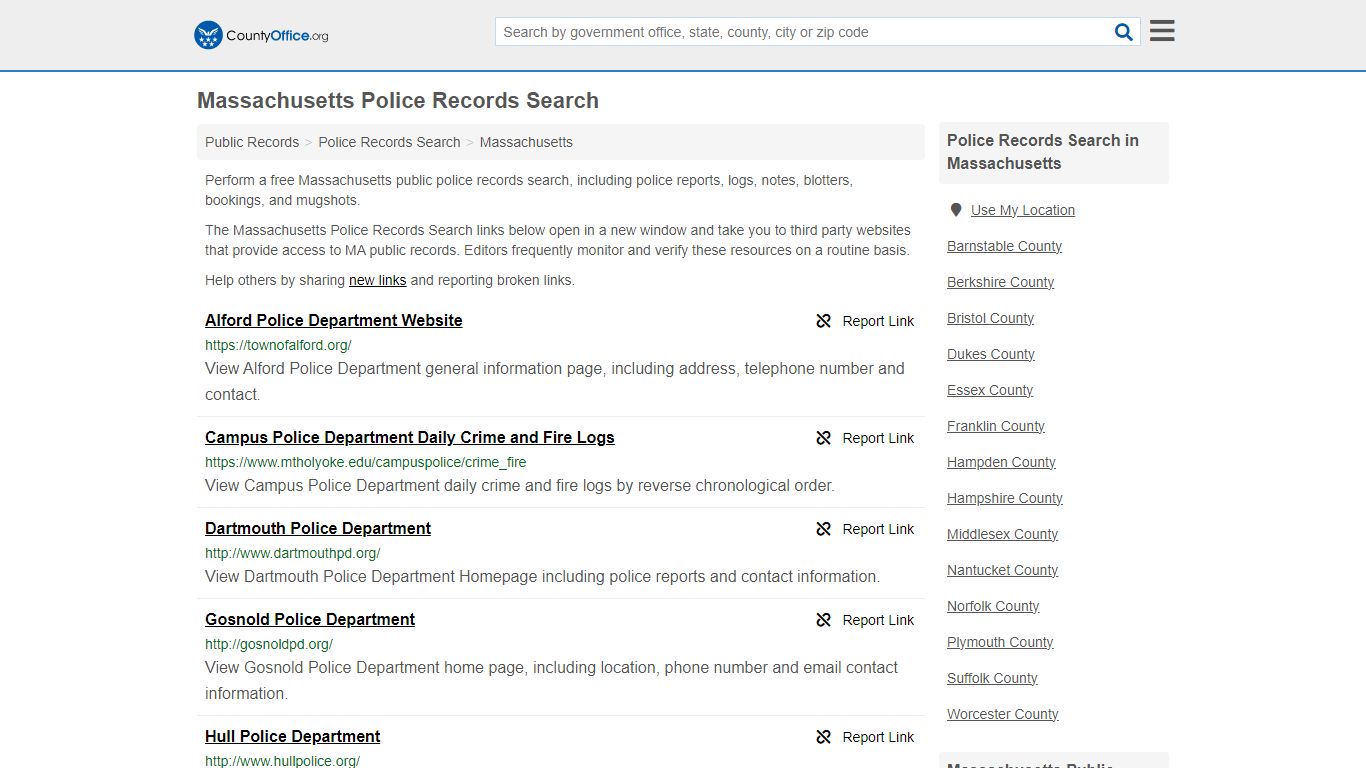 Massachusetts Police Records Search - County Office